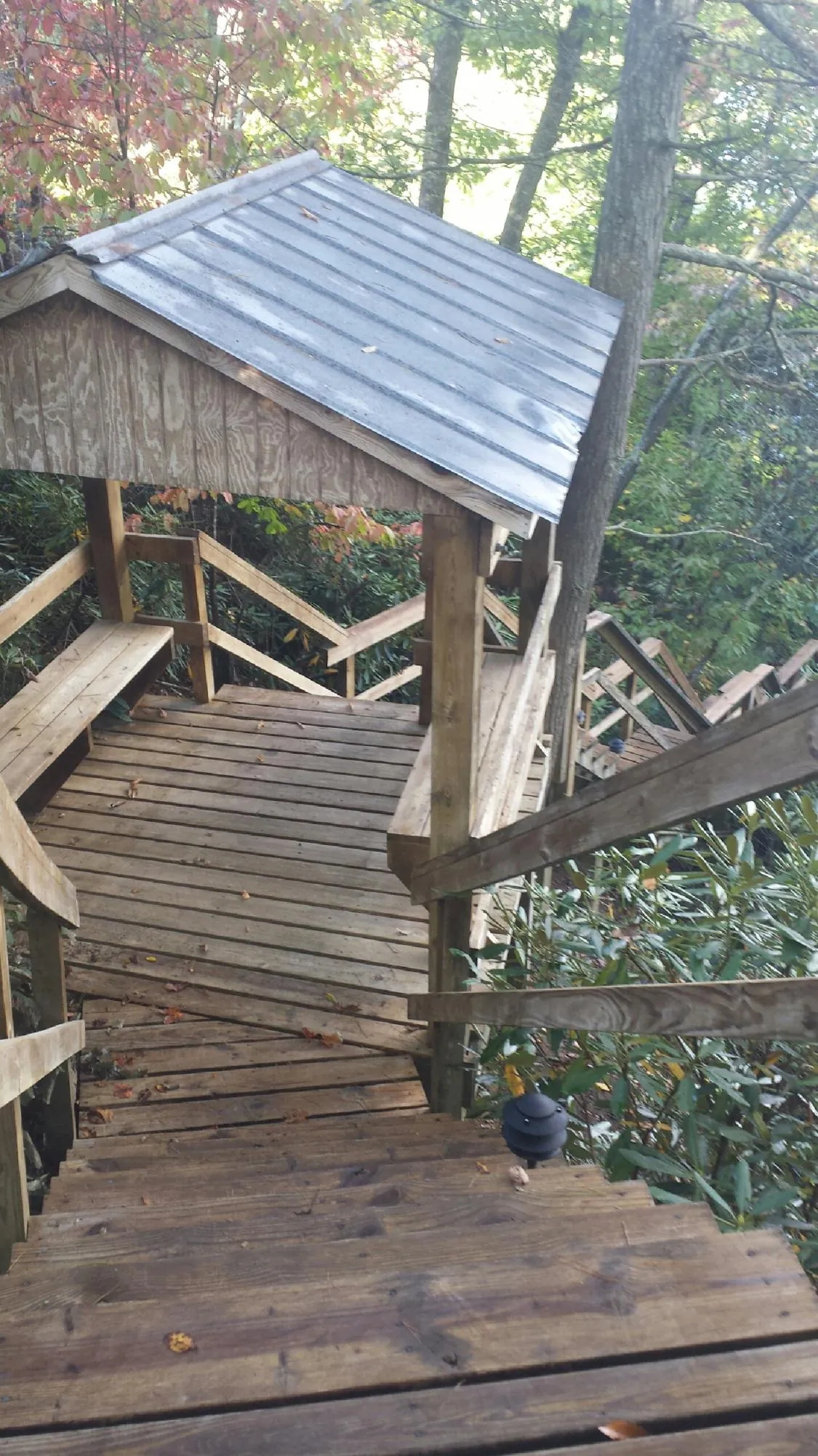 Metal roofed shelter over wooden steps on a wooded walkway — Skylight Repair & Installation work by our crew in Newell
